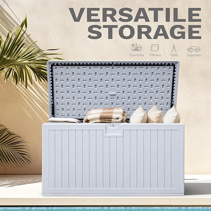 DWVO 230 Gallon Resin Outdoor Storage Box, XXL Double-Wall Waterproof Deck Box with Divider, Doubles as Table or Seating with 1000 lbs Capacity, Lockable (Grayish-White)