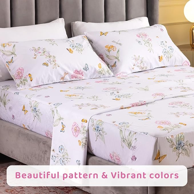 QSH Floral Queen Size Sheet Sets - Flower Butterfly Print Pattern Egyptian Cotton Printed Bedding Sheets Queen Size Bed Extra Soft and Breathable 4pcs Deep Pockets Bed Sheets