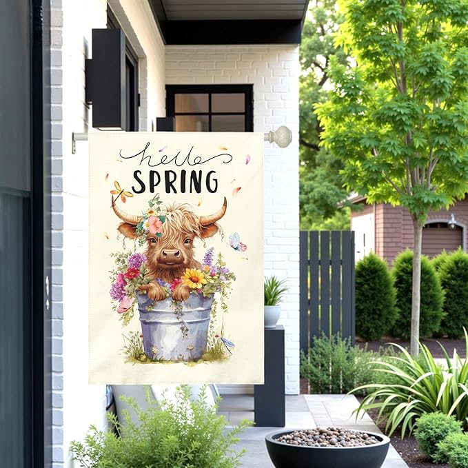 Hello Spring Garden Flag Large Highland Cow Polyester House Banner Double Sided Vertical Farmhouse Butterfly Floral Yard Flags Rustic Daisy Banner for Seasonal Outdoor Decor 28 x 40 Inch