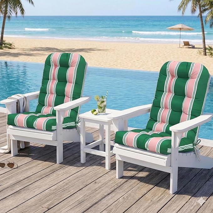 COOS BAY High Back Adirondack Chair Cushions for Outdoor Furniture, 49x20x5 in Water-Resistant Thick Tufted Patio Chair Cushions with Secure Straps, Set of 2, Rosewood Stripe