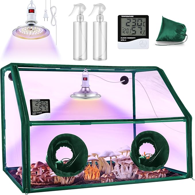 Meonum Large Still Air Box Mushroom Grow Tent, 30x20x20 in Mycology Fume Hood Propagation Stations with LED Growing Light and Thermometer, Monotub Kit for Grow Bags, Growers, Home Scientists(Green)