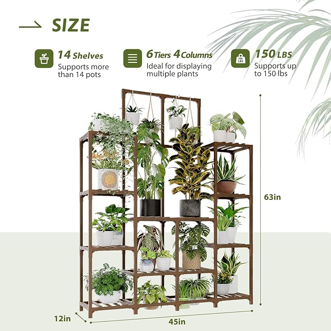 GENTINGBRO Plant Stand Indoor Outdoor 63" Tall Plant Shelf for Plants 12-Tier Large Plant Sheves for Living Room Heavy Duty Plant Rack Garden Balcony Patio Hanging Planter