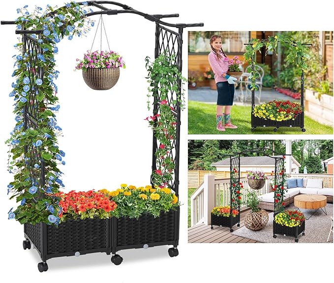 FOLLOOK Planter Box with Trellis Outdoor, 57in Plastic Raised Garden Bed with Trellis Hanging Roof for Vine Flower, with Lockable Wheels & Drain Plug for Patio Backyard Balcony, Black, 1 Pc