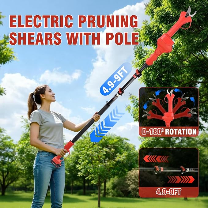 Brushless Electric Pruning Shears Cordless, Pole Pruners for Tree Trimming, Electric Tree pruner Cutter with 2*21V 4000mAH Batteries,15FT Telescoping Rod,1.2 Inch Cutting Diameter, with Replace Blade