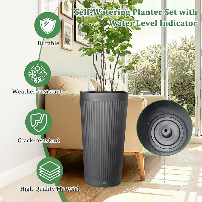 TUYOHW Self-Watering 24in Plastic Round Planter with Vertical Ribbed Design – Indoor Outdoor Flower Pot for Plants, Herbs, and Small Trees, Set of 2