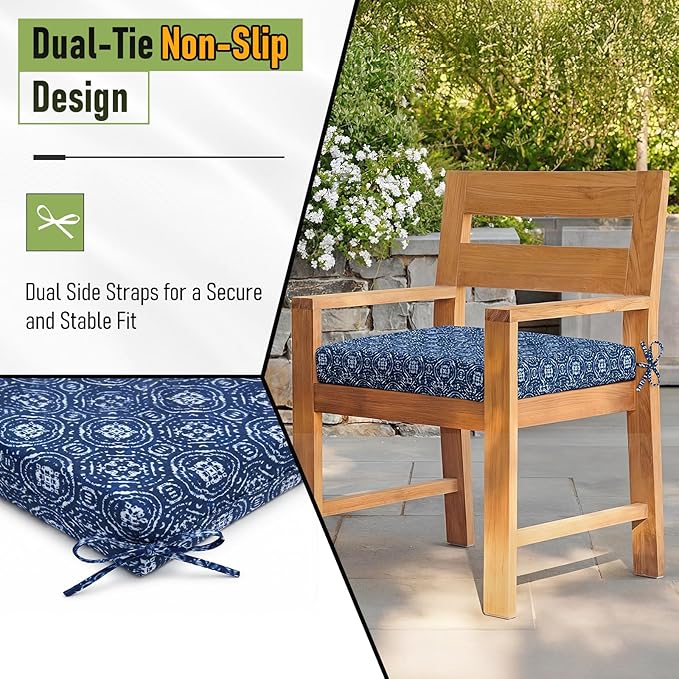Basic Beyond Outdoor Chair Cushions Set of 4, Square Corner Outdoor Cushions for Patio Furniture, Water Resistant Patio Chair Cushions with 2 Ties, 18.5x16x3, Blue Circles