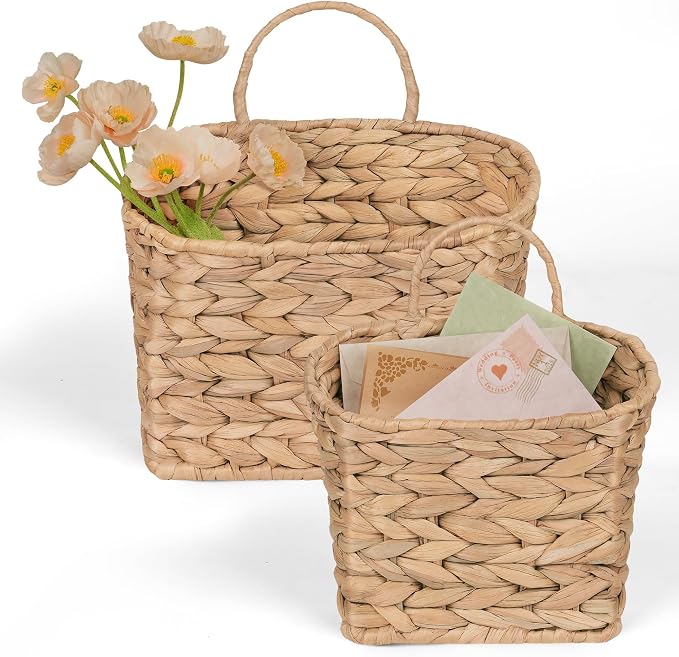 iEGrow Set of 2 Hanging Basket, Wicker Wall Basket Natural Water Hyacinth, Hanging Baskets for Organizing and Decor, Storage Baskets for Door Mounted Entryway Flower Mail Plant Garden