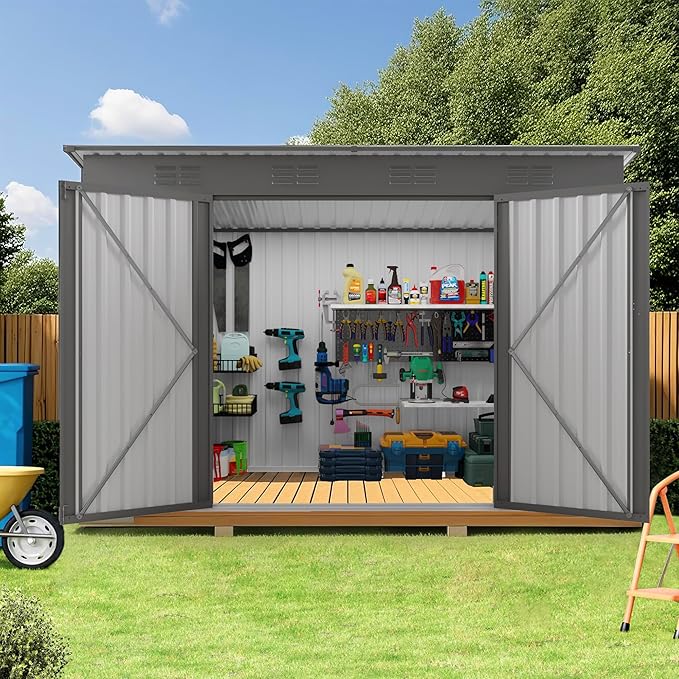 Outdoor Metal Storage Shed, Galvanized Steel Garden Shed with Sloped Roof & Vents, Waterproof Rust-Resistant Backyard Tool Shed for Patio Lawn Garden Trash Can Storage, Easy Assembly