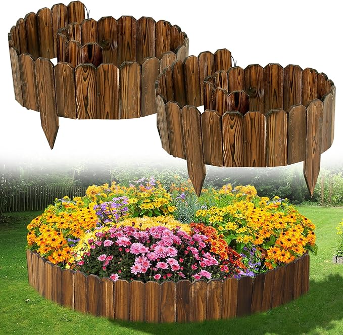 Wooden Garden Edging - 2pcs 7.9ft x 8in Weather-Resistant Pine Landscape Border Fence for Outdoor Patio Lawns Yard Flower Beds Decoration