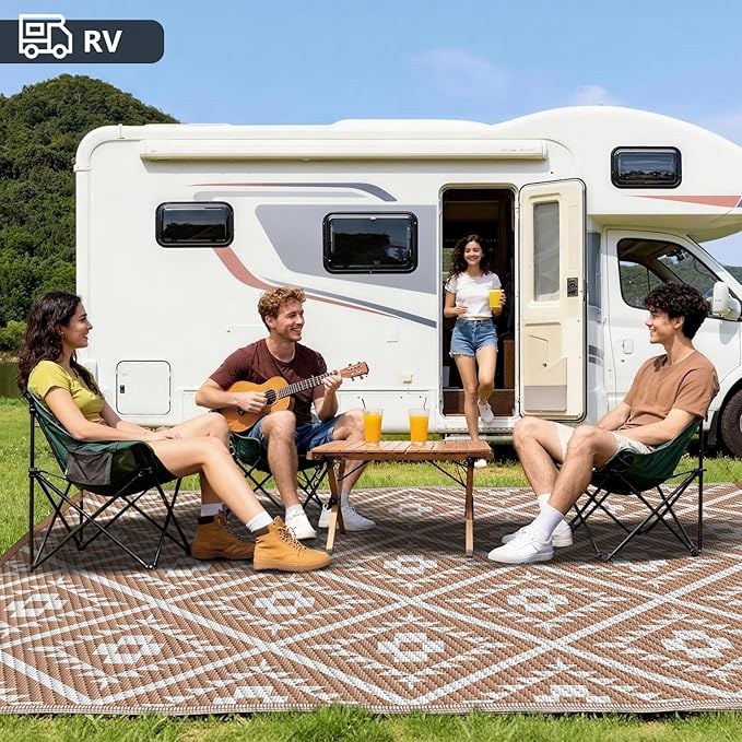 COOLTOP 9'x18’ Outdoor Rug for Patios Porches, Waterproof Plastic Camping Rugs, Modern Reversible Mat, Large Area Rugs for Backyard, Deck, RV, Balcony, Picnic, Beach, Khaki & White