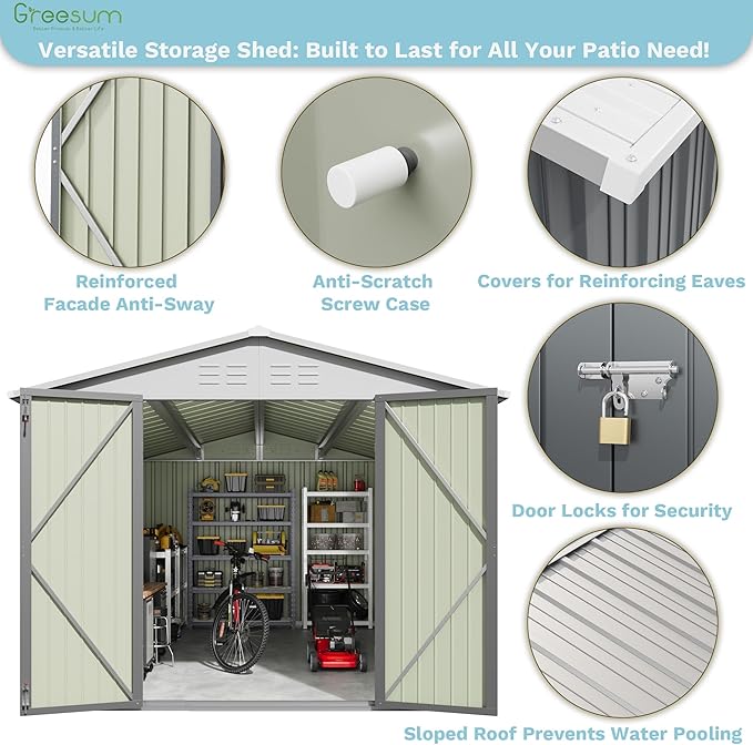 Greesum 8x12FT Outdoor Storage Shed, Utility Tool Shed with Sloping Roof, Metal Storaged Garden Shed with Door & Lock for Patio Storage, Gray