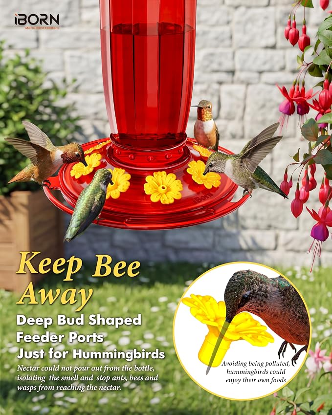 iBorn Hummingbird Feeders for Outdoors Hanging with Ant Moat for Hummingbird Feeder Glass 8 Ports for 16oz Humming Bird Nectar,Yellow Flowers Red Glass, Pack of 1