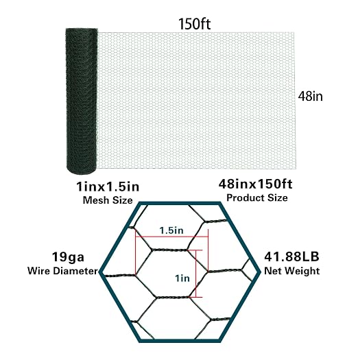Green 19GA Chicken Wire 48inx150ft, Chicken Wire Fencing, Chicken Fence, PVC Coated Chicken Wire, PVC Coated Wire Mesh for Animal/Rabbit/Floral/Chicken Coop/DIY Projects.