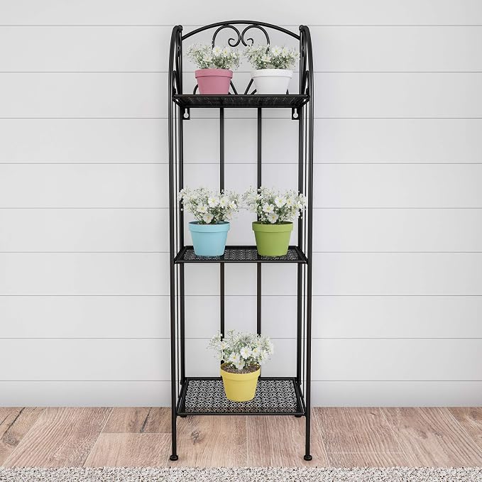 Pure Garden Plant Stand 2-Tiered Indoor or Outdoor Decorative Vintage Look Wrought Iron Garden Cart for Patio, Deck, Home or Lawn (Black)