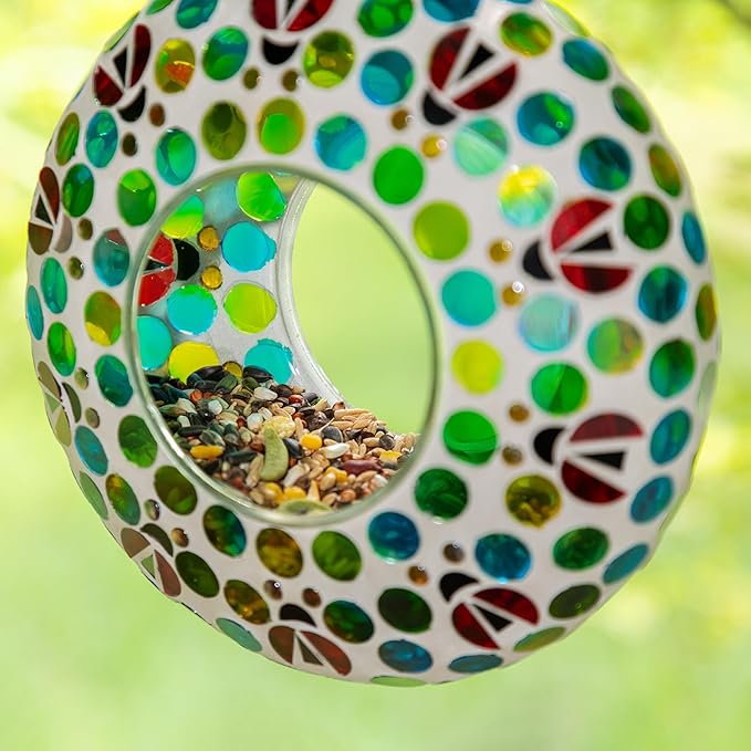 Glitzhome 8''D Mosaic Hanging Bird Feeder, Wild Bird Feeder with Blue/Green Dots & Ladybugs, Fly Through Bird Feeder for Outdoors Garden Yard Patio Deck Porch Decor