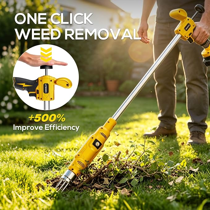 LITEKON Electric Cordless Weed Puller Tool, 20V Battery Powered Stand Up Weeder with 2.0Ah Battery & Fast Charger, Puller Tool with Long Handle, Crabgrass Piller& Dandelion Remover for Garden, Yellow