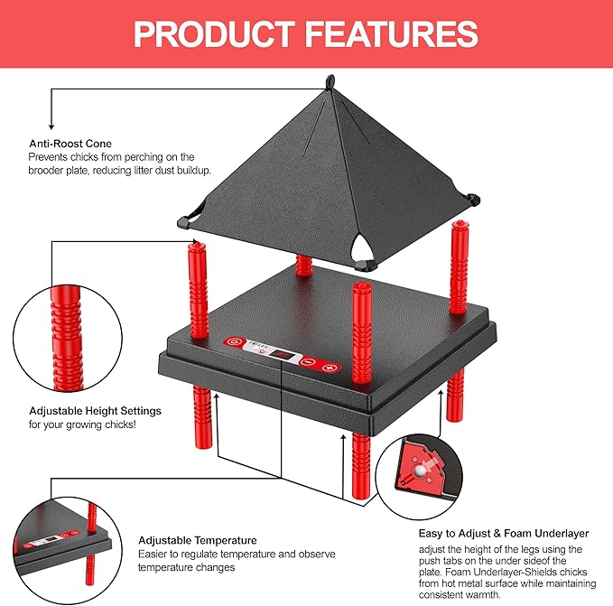 Chick Brooder Heating Plate with Anti Stand Cone, Adjustable Height Brooder Heater for Chicks, Downward Heat Distribution for Outdoor Barns & Coops (10" x 10" with Temp. Adjustments & Black)