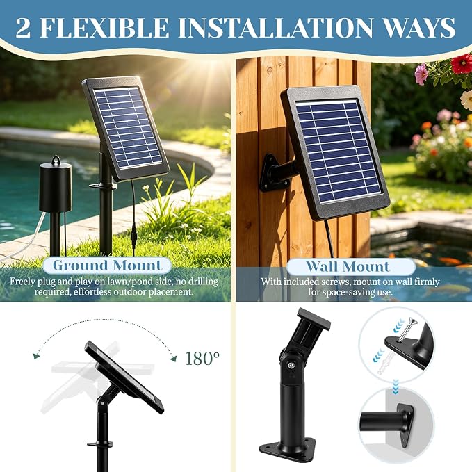 Yeomi 4W Solar Aerator Pump, Solar Pond Oxygenator with Dual Air Stones, 3 Working Modes 18/36/72H Runtime, Split Mount Solar Powered Air Pump for Outdoor Pond, Fish Tank, Water Feature Aquaculture