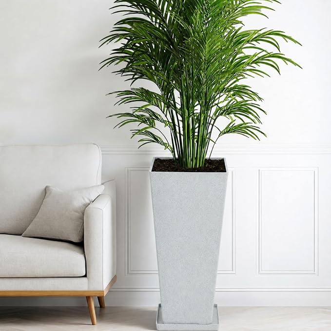 28" Tall Planters for Indoor Outdoor Plants, Set of 2 Large Tapered Flower Pots, Modern Plant Containers for Patio, Garden, Porch, Balcony or Home Decor, White Terrazzo, Durable & UV-Resistant