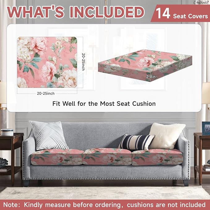 CALBODE 14 Pcs Stretch Outdoor Seat Cushion Covers, Washable Chair Seat Cover for Patio Furniture Cushions Soft Indoor and Outdoor Couch Cover Replacement (Pink Blooming, Cover Only)