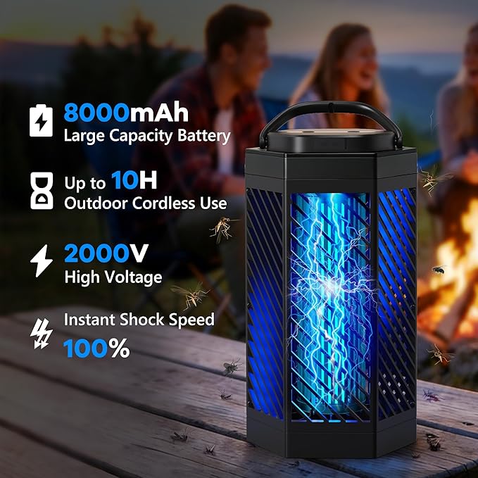 Rechargeable Bug Zapper Outdoor Indoor, 8000mAh Electric Mosquito Zapper with LED Night Light, 2 in 1 Portable & Cordless Bug Zapper Outdoor Waterproof, Wireless Hanging Fly Zapper for Camping Patio