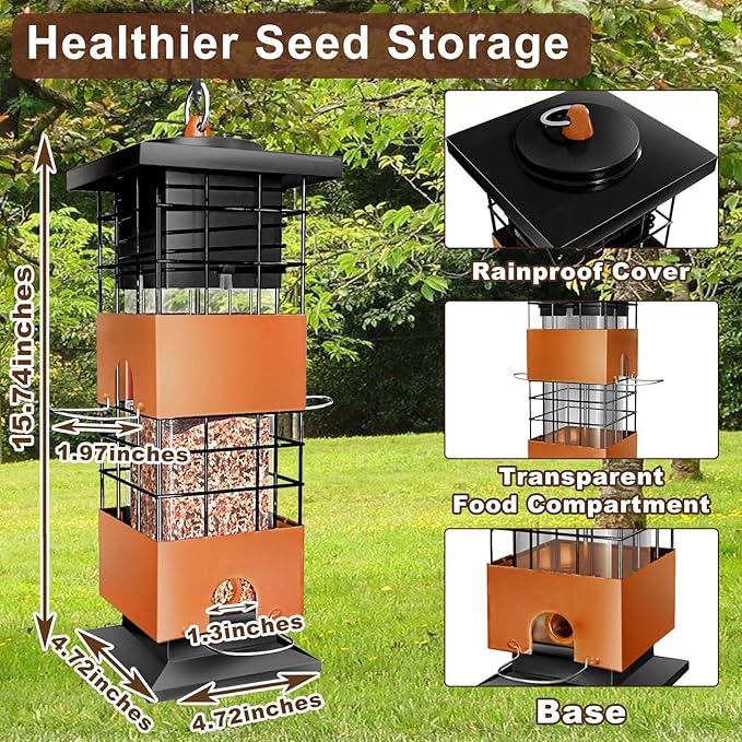 Squirrel Proof Bird Feeder for Outside, 3Lbs Metal Anti-Squirrel Bird Feeders for Outdoors, Weight-Activated Perches Hanging Wild Birdfeeder for Blue Jay, Cardinal (Brown)