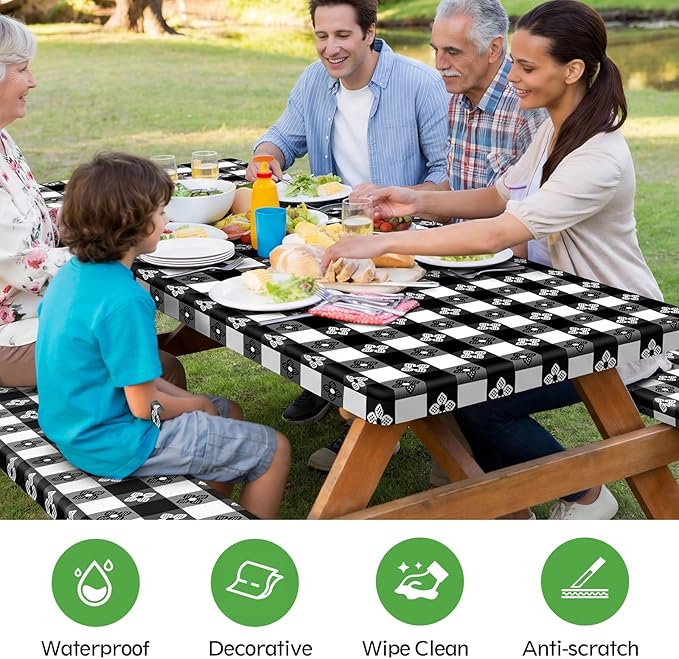 Picnic Table Cover with Bench Covers, Fitted 6ft Waterproof Tablecloth Set for Outdoor Camping & RV - Includes 1 Table Cover & 2 Bench Covers with Drawstring Storage Bag, 30"x72", Four-leaf Clover