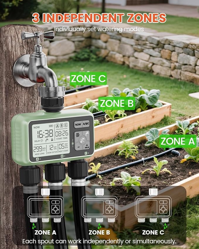 Sprinkler Timer 3 Zone Water Timer for Garden Hose Programmable Outdoor Hose Faucet Controller with Rain Delay Manual and Automatic Irrigation Controller System Low Battery Warning for Lawn Yard