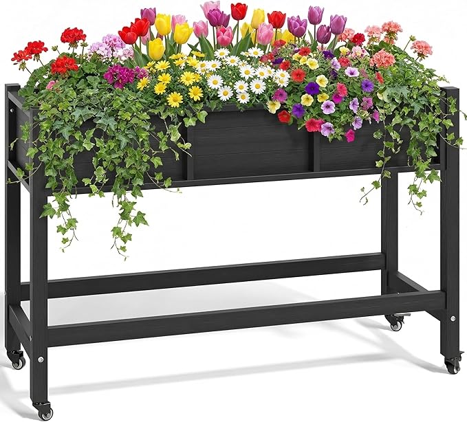 YITAHOME Raised Garden Bed HDPE, 47x18x31 in Raised Planter Box with Legs Poly-Wood Weather-Resistant Elevated Planter Box with Lockable Wheels for Vegetables, Herb Garden Bed, Black