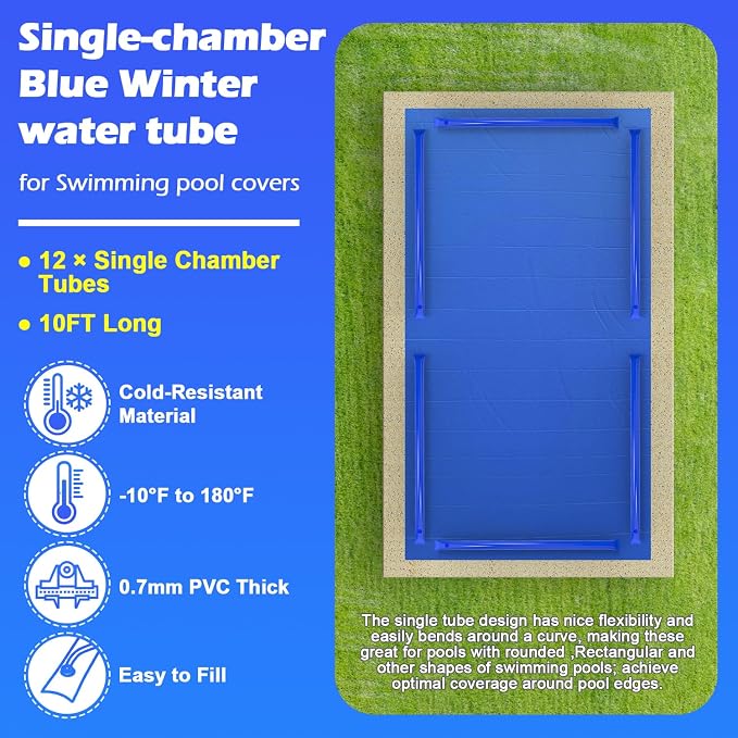 12 Pack 0.7mm Thicker Water Tubes for Pool Cover Weights Inground 10FT Blue Single Chamber Water Bags Swimming Pool Tubes for Winterizing Three-Layer Composite Material Heavy Duty Pool Bags
