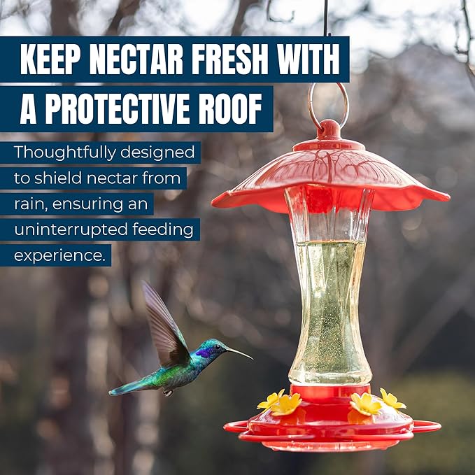 MEKKAPRO Hummingbird Feeders for Outdoors Glass - Red Hummingbird Feeders for Outdoors, Metal Ring, Bee-Proof Design, Easy Assembly, Red Hummingbird Feeder 10 oz