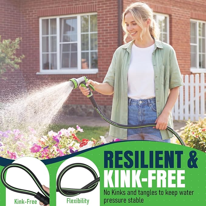 Non-Expandable Garden Hose 25ft, Lightweight Hybrid Rubber PVC Water Hose, Kink Resistant, Solid Brass 5/8" Fittings, 200PSI Working / 600PSI Burst, for Yard RV Car Wash