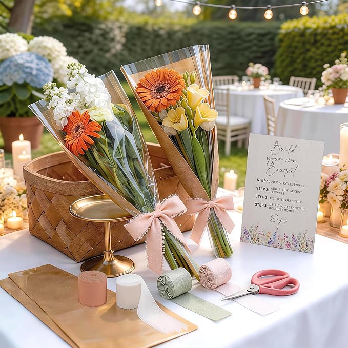 AXQMY 86 Pcs Flower Bar Supplies Include Flower Bar Sign, 80 Clear Bouquet Wrapping Bags, 2 Garden Scissors, Light Pink Green White Orange Chiffon Ribbons for Wedding, Bridal Shower, Garden Party