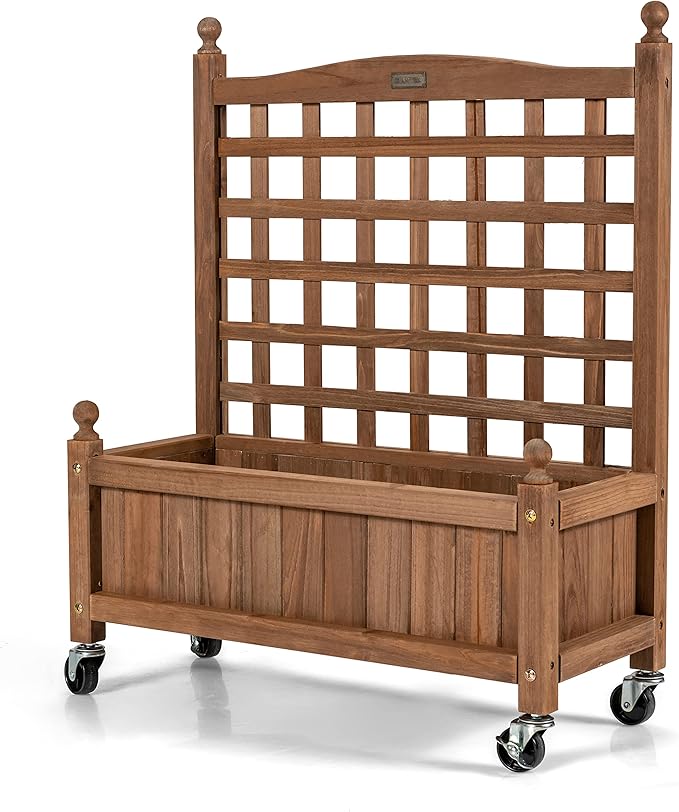 Giantex Set of 2 Mobile Plant Raised Bed, Wood Planter with Lattice Trellis and Wheels, Flower Box for Plant Climbing, Vertical Garden for Balcony Patio Yard, 25"x 11"x 32.5"