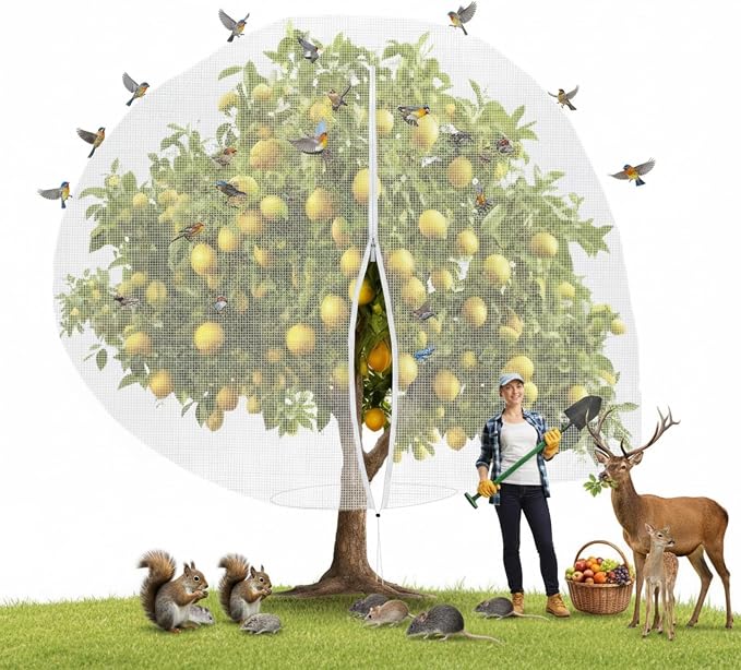 10 x 14 ft Large Fruit Tree Netting for Protecting Fruit from Squirrels Birds Bug Deer & Rat Garden Mesh Netting with Zipper and Drawstring Tree Covers for Blueberry Peach Apple Garden Bushes