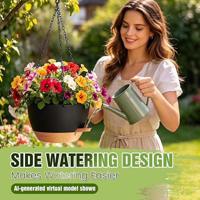 8 Inch Self Watering Hanging Planters, 3 Pack Plastic Plant Pots | Sturdy lightweight pot with side watering lip, drainage holes, snap-on detachable tray & hanging chain for easy care