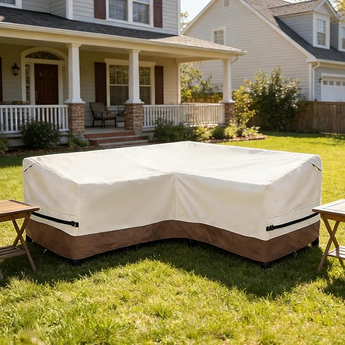 okcool Outdoor Sectional Cover,V-Shaped Patio Furniture Covers for 7-Seater Outdoor Sectional Furniture Couch（105''X105''）,Beige & Brown