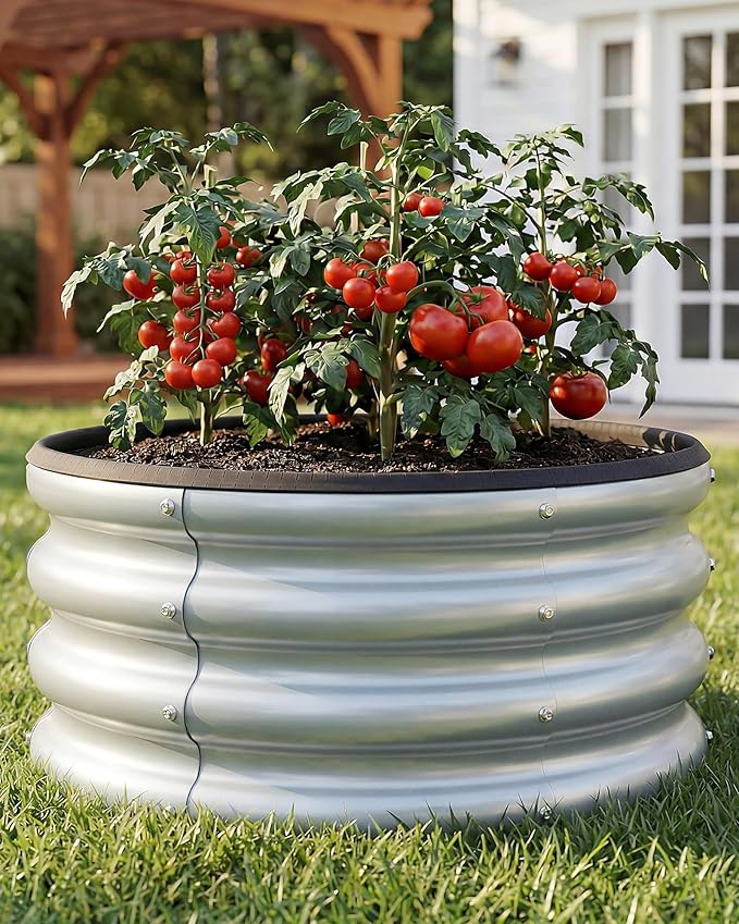 2 x 2 x 1 ft Round Metal Raised Garden Bed, Silver 2 Pack Heavy Duty Galvanized Steel Planter Box with Safety Edge Trim for Vegetables Flowers Herbs Outdoor Garden