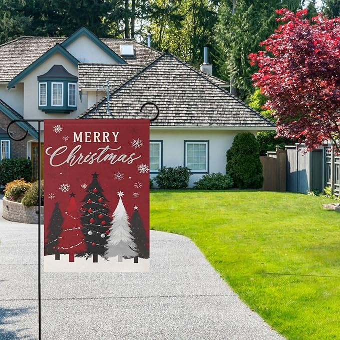 Merry Christmas Tree Red House Flag 28x40 Inch Double Sided Outside Winter Silver Snowflake Xmas Bells Seasonal Yard Outdoor Flag Banner for Garden Lawn Patio Holiday Decorations