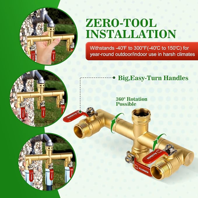Hose Splitter 3 Way Heavy Duty Brass Garden Hose Splitter with 360° Rotatable, 304 Stainless Steel Long Handle Outdoor Full Flow Hose Splitter Connector, 3/4" GHT Thread