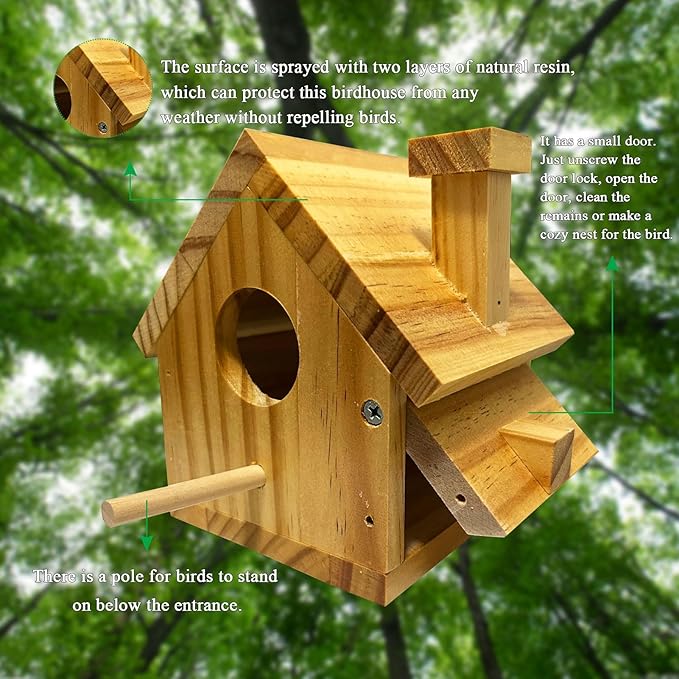 Bird Houses for Outside Clearance, Bird House Natural Wood Birdhouse with Pole, Hanging Blue Bird Houses for Outdoors Garden Country, Finch Cardinals Swallow Wren Bluebird House