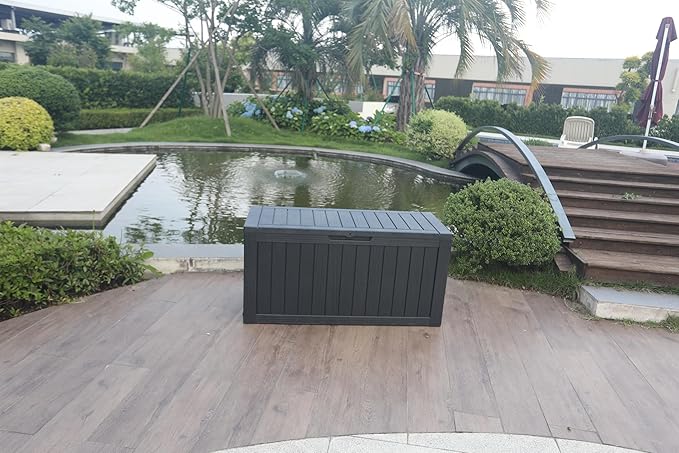 BTEXPERT 74 Gallon Resin Deck Box, Outdoor Storage Container for Patio Furniture Garden Tools Cushions Waterproof Lockable Metal Support Rods UV Resistant