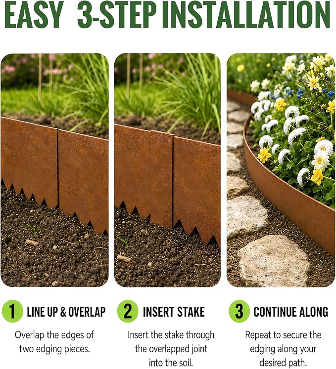 20ft Pre Rusted Cor Ten Steel Landscape Edging 8 in Low Profile Metal Garden Border No Dig Hammer in Lawn Edging Kit with 6 Panels 6 Clamps for Flower Bed Yard Pathway