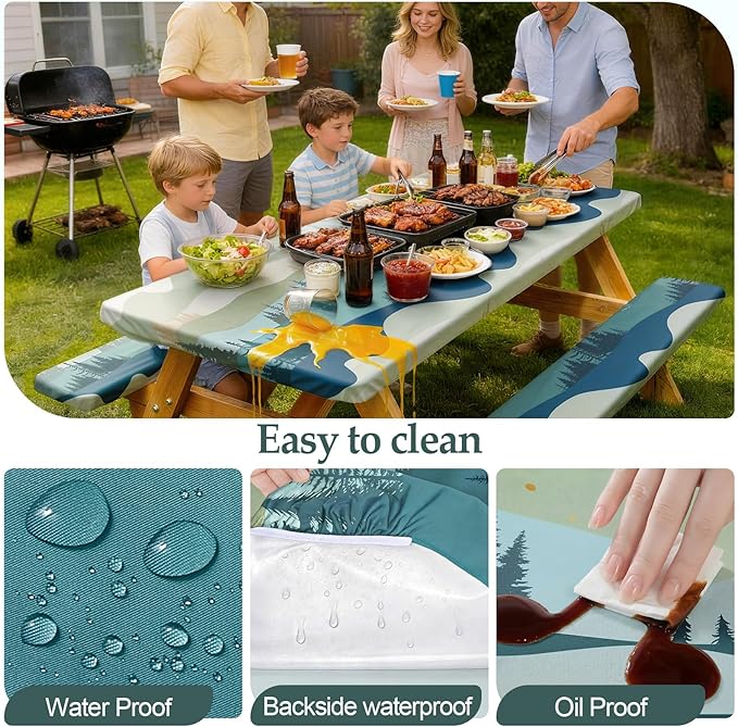 Picnic Table Cover with Bench Covers Camping Essentials Waterproof Windproof Camping Tablecloth with Drawstring Bag, Fitted Rectangle Tables and Seats, 96in, Green Blue