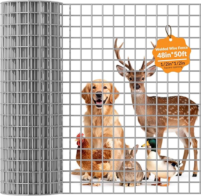 Welded Wire Fence 1/2 inch 48 x 50 ft, Galvanized Chicken Wire Fencing 16 Gauge,Heavy Duty Hot Dip Galvanized Wire Fence Roll for Chicken Poultry Coop, Animal, Fencing,Garden Protection