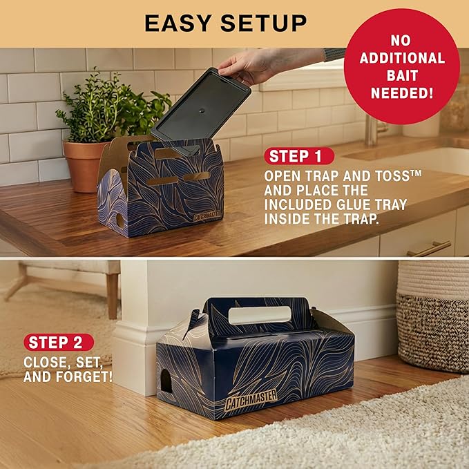 Catchmaster Catch & Toss: No-Touch, No-See Disposable Mouse Glue Traps Indoor, No Bait Needed (2 Pack), Catches up to 10 Mice — Pesticide-Free, 6 Months of Child & Pet Protection Sticky Mouse Traps