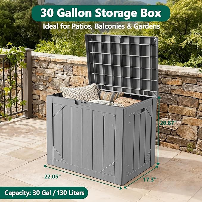 Outdoor Storage Box,30 Gallon Deck Box Outdoor Storage Bench Outside Waterproof Resin Storage Bench, Lockable Patio Cushions, Garden Tools Storage For Furniture, UV Resistant Gray