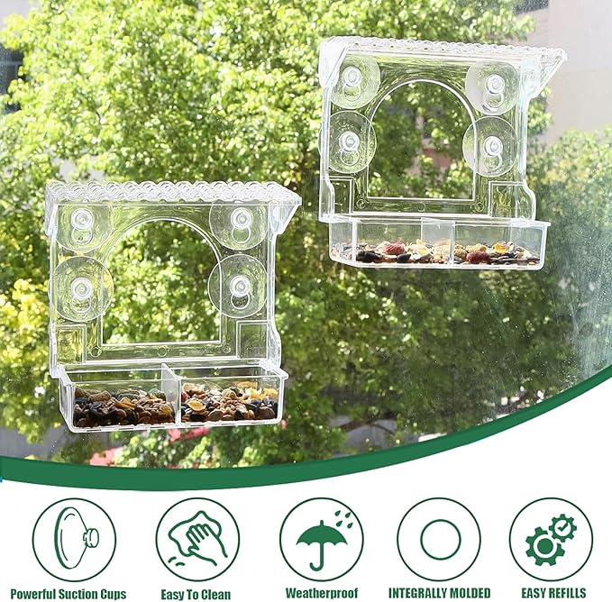 2PCS Window Bird Feeder with 4 Extra Strong Suction Cups, Clear Birdfeeders Bird House for Outdoors Window Viewing Outside, Removable Tray Birdhouse