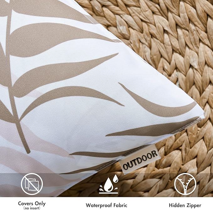 MIULEE Pack of 2 Decorative Outdoor Waterproof Throw Pillow Covers Patio Pillow Cases Natural Leaves Pattern Spring Square Cushion Shams Shell for Garden Balcony Couch 16x16 Inch, Coffee Brown
