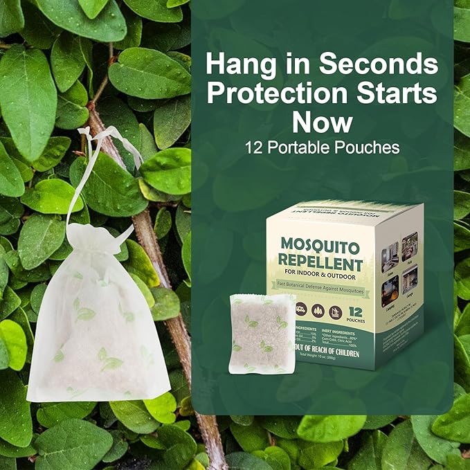 12 Pcs Mosquito Repellent for Patio, Plant-Based Mosquito Repellent Pouches, Mosquito Control Indoor Outdoor, Pet-Friendly Mosquito Deterrent for Home Patio Camping Fishing